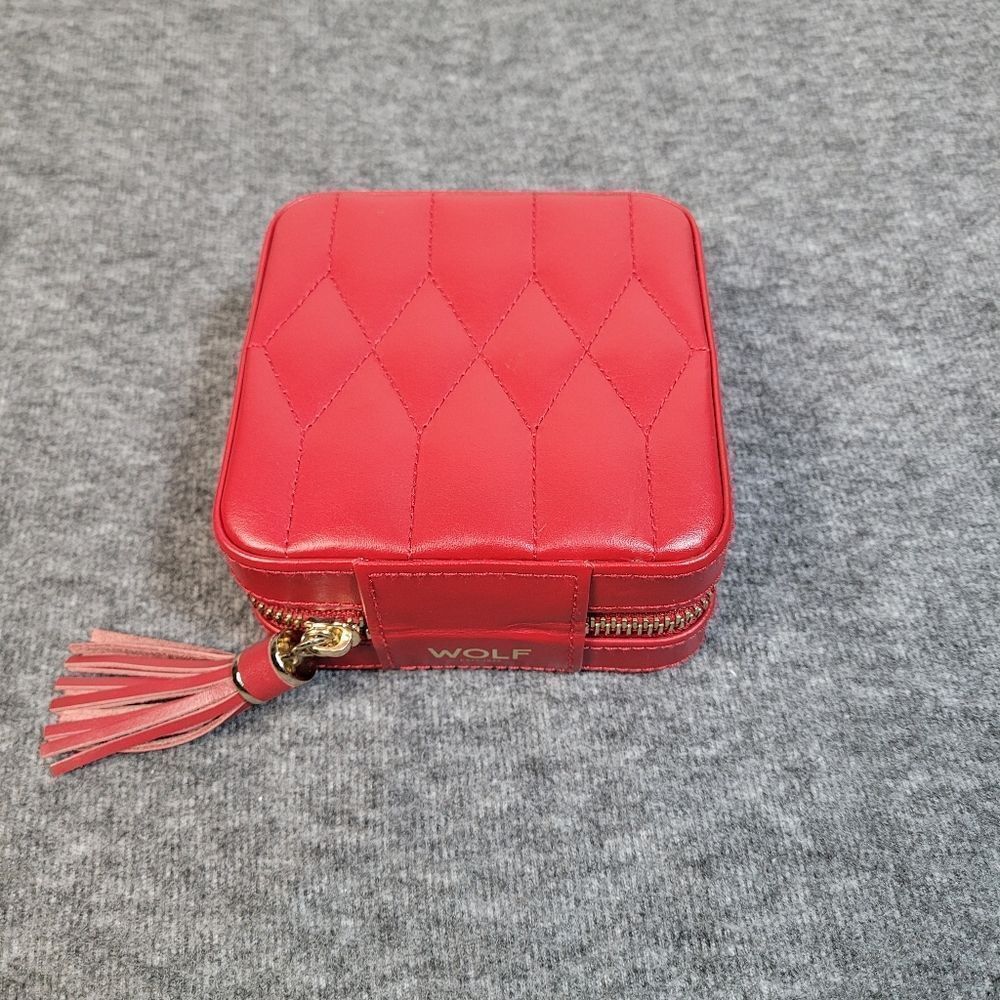 Wolf Caroline Red Leather Travel Jewelry Case Organizer 4.5” Square Tassel
